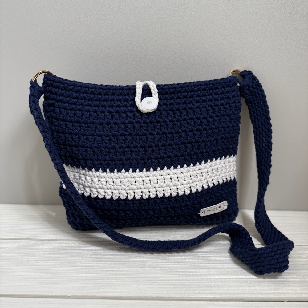 Navy and White Crochet Shoulder Bag